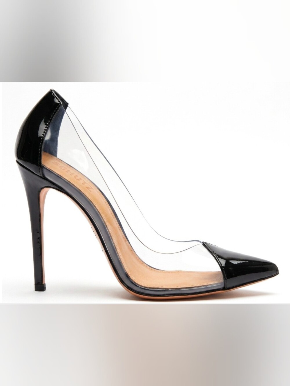 SCHUTZ Black Patent Pointed-Toe Clear-Panel Stiletto Cendi Pump Size 8.5
